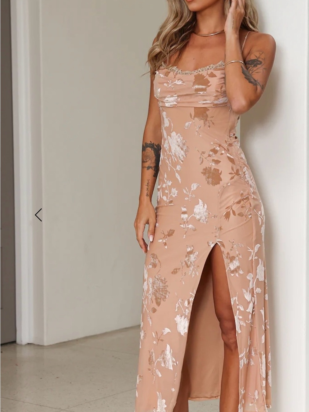 Hello Molly Blush Floral Lace-Trim Midi Dress with Front Slit